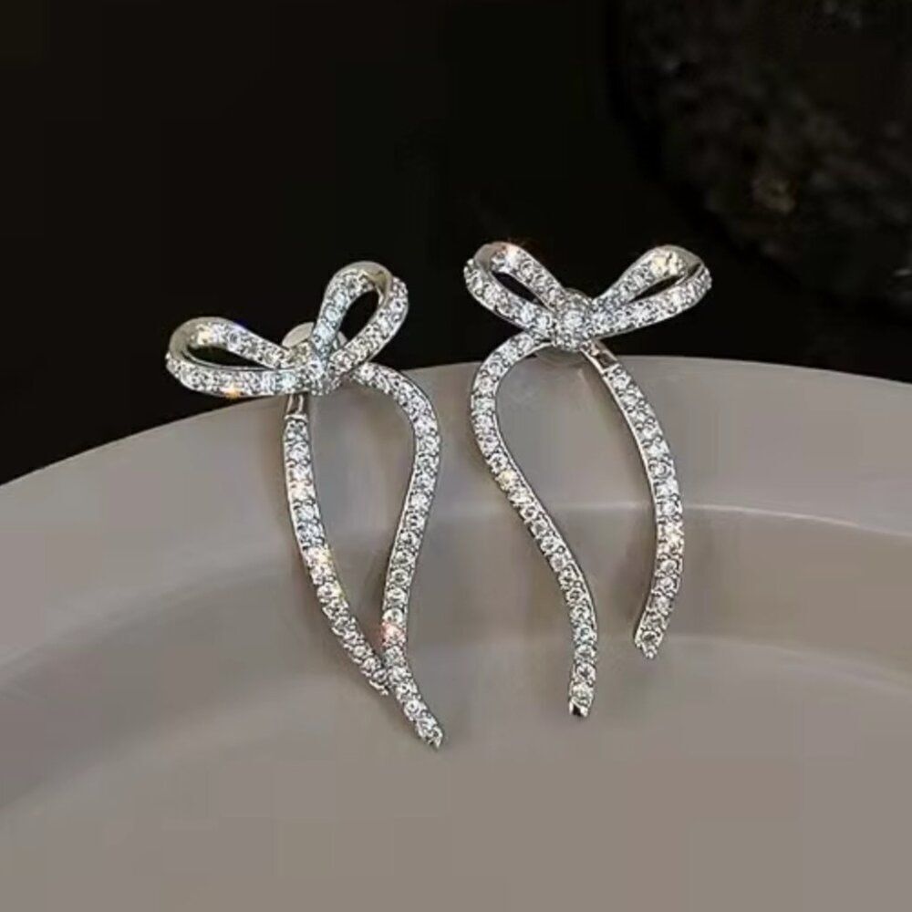 Crystal Bow Earrings in Silver